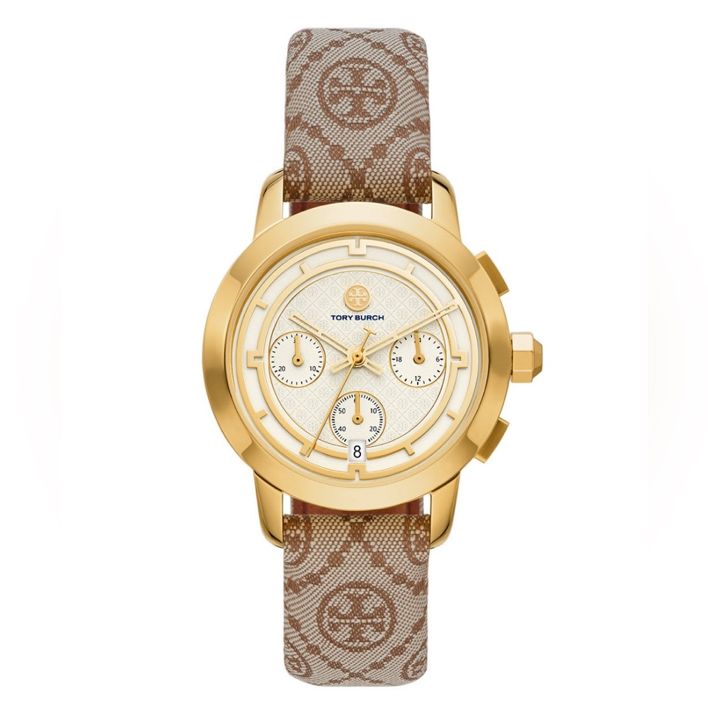 NWOT Tory Burch chronograph The Tory hazelnut Jacquard and Leather watch.